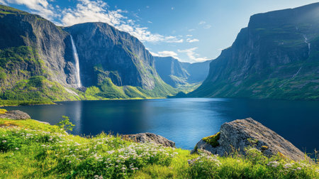 Majestic mountain landscape featuring a serene lake and waterfall under a bright blue sky. Perfect for showcasing nature's beauty and tranquility.の素材