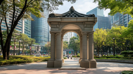 A striking arch located in a vibrant urban park surrounded by modern skyscrapers. This location is perfect for relaxation and leisure in the city.の素材