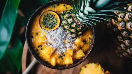 A vibrant smoothie bowl featuring fresh pineapple and passionfruit, topped with shavings, emphasizing healthy eating and summer freshness. Perfect for breakfast or a snack.の素材