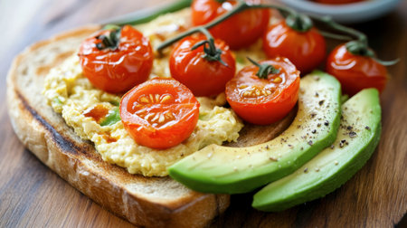 Enjoy a vibrant breakfast featuring toast topped with roasted tomatoes and fresh avocado slices, perfect for a healthy meal any time of day.の素材