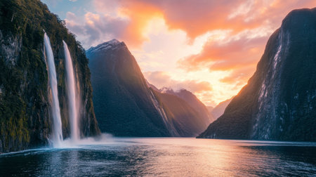 Discover a breathtaking landscape featuring a serene waterfall cascading into a tranquil lake, surrounded by majestic mountains and a vibrant sunset sky.の素材