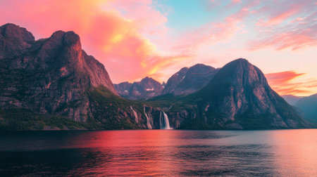 Experience a breathtaking sunset over a tranquil mountain landscape. Vibrant colors illuminate the sky, reflecting beautifully on the calm waters below.の素材