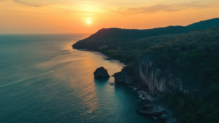 A stunning sunset casts warm hues over a serene coastline, highlighting the peaceful waters and rocky formations of this beautiful landscape. Perfect for nature lovers.の素材