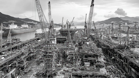 A captivating black and white view of a sprawling oil refinery filled with towering cranes and intricate infrastructure, highlighting industrial activity and urban development.の素材