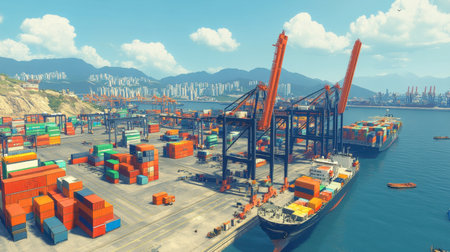 A vibrant port scene showcasing colorful shipping containers and cranes against a bustling city skyline, illustrating maritime industry and transportation.の素材
