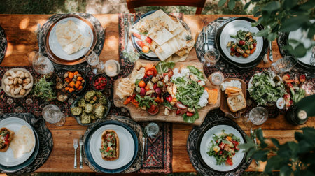 Experience a vibrant outdoor dining scene with a beautifully arranged table showcasing fresh salads, fruits, and gourmet dishes, perfect for gatherings.の素材