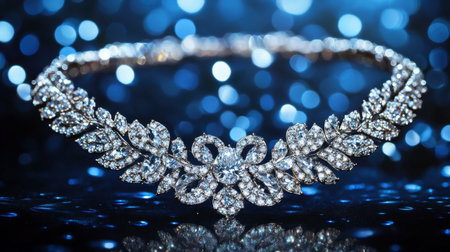 This stunning diamond necklace showcases exquisite craftsmanship and elegance, sparkling brilliantly against a blue bokeh background, perfect for luxury jewelry displays.の素材