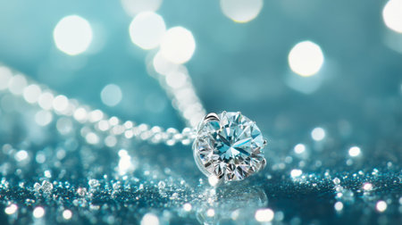 A stunning close-up of an elegant necklace featuring a sparkling blue gemstone, perfect for showcasing luxury and beauty in jewelry photography.の素材