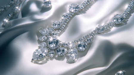 A stunning diamond necklace elegantly rests on a smooth satin fabric, showcasing intricate design and luxurious sparkle. Ideal for fashion and jewelry themes.の素材