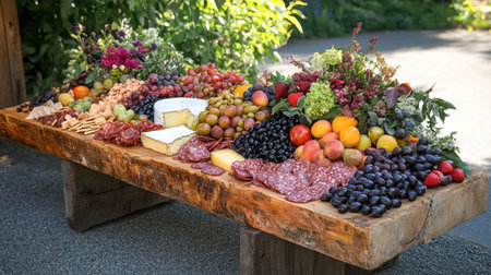 A stunning outdoor arrangement featuring a variety of fresh fruits and cheeses on a rustic wooden table, perfect for gatherings, picnics, or celebrations.の素材