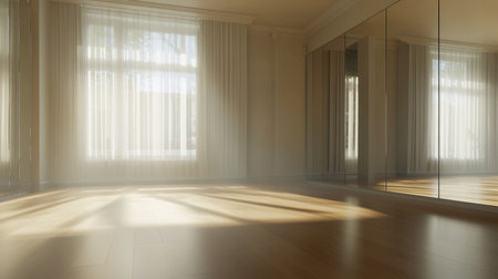 A serene and bright interior featuring light and shadow play, spacious design with mirrors, and elegant curtains creating a tranquil atmosphere.の素材