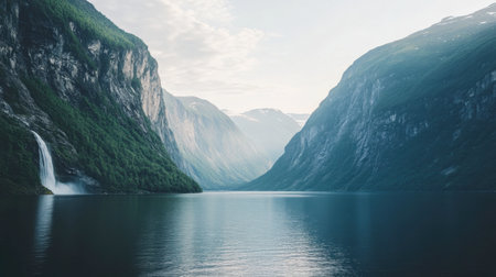A breathtaking view of a serene mountain valley featuring a calm body of water and a flowing waterfall, surrounded by lush green cliffs and dramatic peaks.の素材