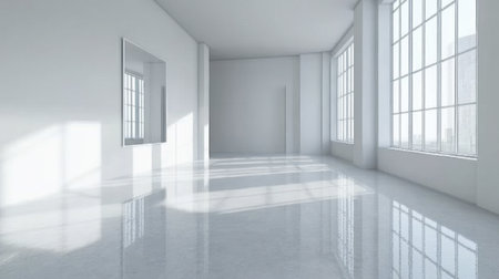 This bright interior space features large windows and a glossy floor, creating a modern and airy atmosphere ideal for various design uses and inspirational settings.の素材