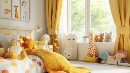 A cheerful children's bedroom filled with soft toys and bright decor. Sunny yellow curtains frame the window, inviting warmth into this cozy space.の素材