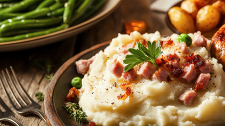 Indulge in a delicious plate of creamy mashed potatoes topped with savory ham, accompanied by fresh green beans and potatoes. A perfect comfort food!の素材