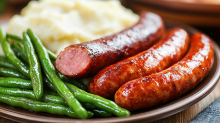 A mouthwatering plate showcasing juicy sausages paired with vibrant green beans and creamy mashed potatoes, perfect for a hearty meal any time.の素材