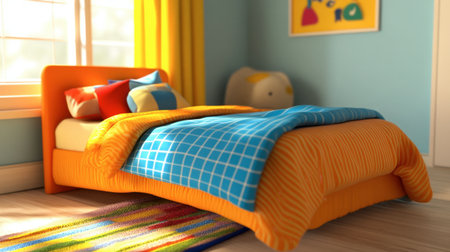 Bright and cozy bedroom featuring a colorful bedspread, playful pillows, and cheerful decor elements, perfect for a youthful and vibrant atmosphere.の素材