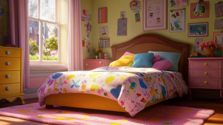 A vibrant children's bedroom featuring colorful decor, soft bedding, and cheerful accessories. Sunlight floods the room, creating a warm and inviting atmosphere.の素材