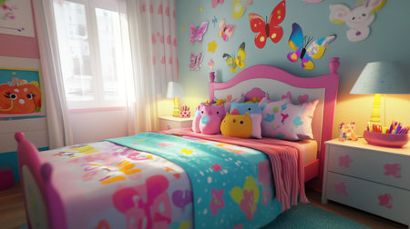A vibrant kids bedroom featuring butterfly decor, colorful bedding, and soft lighting. A cozy space designed for creativity and joy, perfect for children.の素材