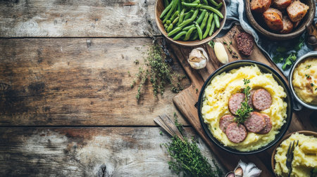 A delightful comfort food platter featuring creamy mashed potatoes, savory sausages, vibrant green beans, and fresh herbs, perfect for any occasion.の素材