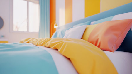 A cozy modern bedroom featuring a colorful decor scheme. Soft pillows and a vibrant blanket create a comfortable atmosphere, perfect for relaxation and restful sleep.の素材
