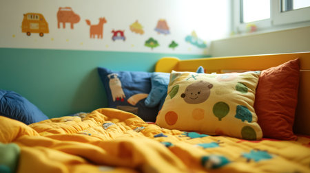 A cozy children's bedroom featuring a colorful bed with a patterned blanket and playful pillows. The cheerful wall decor adds a vibrant touch to the space.の素材