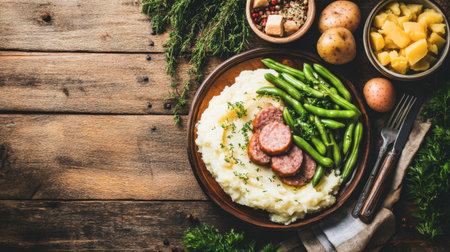 A rustic plate filled with creamy mashed potatoes, savory sausage slices, fresh green beans, and potatoes, perfect for a hearty meal at home.の素材