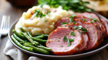 A delicious plate featuring savory ham slices, creamy mashed potatoes, and fresh green beans, garnished with parsley for a colorful and appetizing meal.の素材
