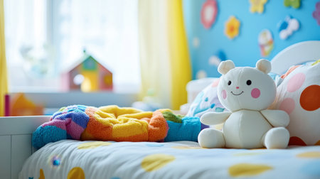 A vibrant and cozy child's bedroom featuring a soft toy, colorful blanket, and cheerful decor. Ideal space for play and relaxation, filled with light.の素材