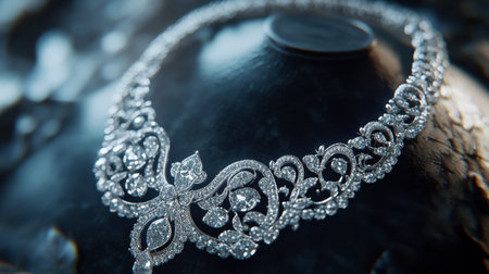 Discover an elegant silver necklace adorned with sparkling gemstones. This luxurious accessory showcases exquisite craftsmanship and timeless beauty.の素材