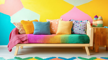 A vibrant living room featuring a colorful couch adorned with cushions and a cozy blanket. The artistic wall adds a playful and inviting atmosphere.の素材