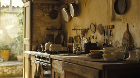 A cozy rustic kitchen bathed in natural light, featuring wooden surfaces, vintage utensils, and a warm ambiance. Ideal for culinary scenes and home dの素材