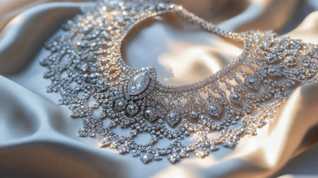 An elegant silver necklace displayed on luxurious silk fabric, showcasing intricate craftsmanship and sparkling details, perfect for special occasions.の素材