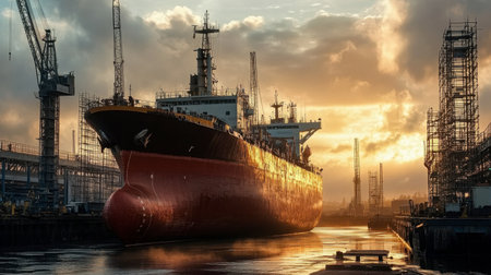 A grand ship is docked at a shipyard, illuminated by a stunning sunset. The scene captures industrial cranes and a serene waterway, embodying maritime activity.の素材