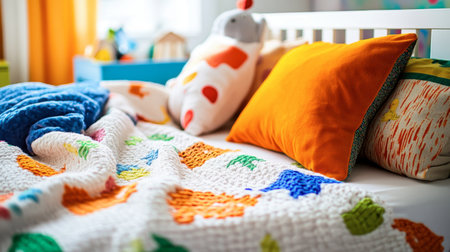 A cozy kids bedroom featuring vibrant pillows, a colorful blanket, and playful decor. Perfect for creating a cheerful and inviting atmosphere.の素材