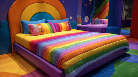 Explore a playful and colorful bedroom featuring a vibrant rainbow bedspread and lively decor. Ideal for children's spaces, this joyful design offers comfort and creativity.の素材