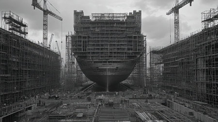 A large ship is under construction in a busy shipyard, surrounded by scaffolding and cranes. The image captures the essence of industrial progress and engineering innovation.の素材