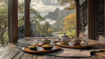 Enjoy a tranquil tea setting with snacks, surrounded by serene mountains and lush foliage. Perfect for relaxation and a peaceful escape in nature.の素材