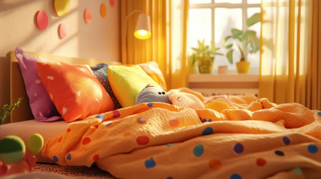 Experience a cozy and vibrant bedroom scene filled with colorful pillows and a warm blanket. Soft textiles and friendly decor create a cheerful atmosphere.の素材