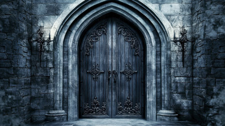 Explore a captivating gothic entrance featuring ornate wooden doors set against a stone wall. The dim lighting and elaborate decor evoke mystery and history.の素材