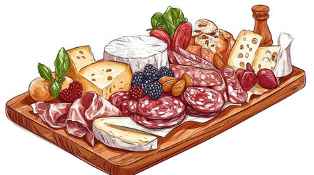 A vibrant assortments of meats and cheeses displayed on a wooden board, perfect for gatherings or entertaining. Ideal for food lovers and events.の素材
