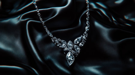 An elegant necklace adorned with sparkling gems rests gracefully on a black satin background, capturing the essence of luxury and sophistication.の素材