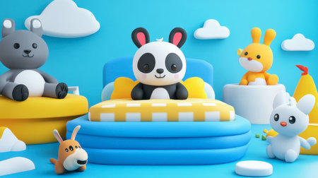 Adorable cartoon animals in a vibrant playroom setting create a cheerful atmosphere. Featuring a panda, bunny, and bear, this scene captures childhood joy.の素材