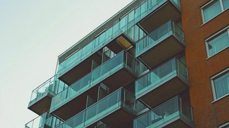 This image showcases a modern apartment building featuring glass balconies and a sleek design. The architectural elements highlight urban living and contemporary housing trends.の素材