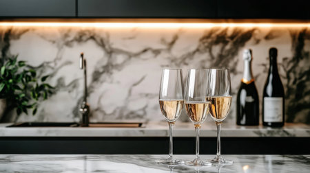 A stylish kitchen scene featuring sparkling wine glasses on a marble countertop, perfect for celebrations and gatherings in a modern setting.の素材