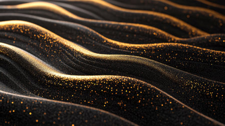 This abstract image features smooth waves adorned with golden sparkles set against a dark surface, creating a captivating and elegant visual experience.の素材