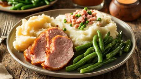 A hearty plate featuring succulent ham, creamy mashed potatoes, and vibrant green beans. Perfect for comfort food lovers or family gatherings.の素材