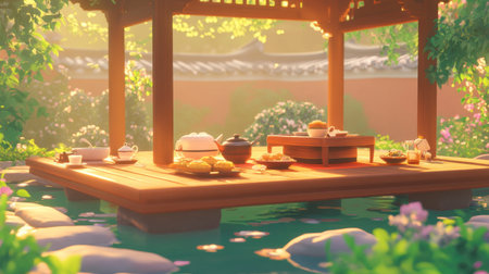 A serene garden scene featuring a wooden pavilion with a tea setup. Soft sunlight filters through greenery, creating a peaceful atmosphere perfect for relaxation.の素材