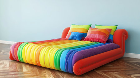 A vibrant rainbow bed adds a playful touch to a modern room with its bright colors and cozy cushions, perfect for a cheerful living space.の素材