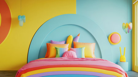 A vibrant and playful bedroom design featuring a colorful decor with bright pillows, cheerful walls, and a cozy atmosphere, perfect for creative spaces.の素材